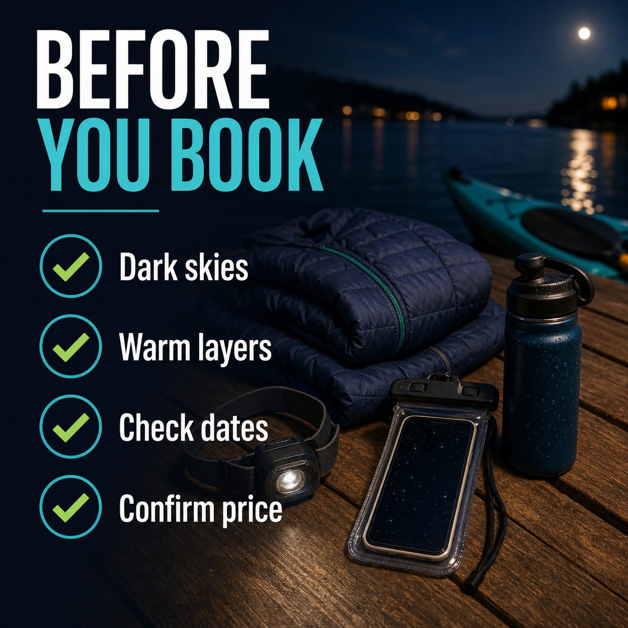 Whidbey bioluminescence kayak booking checklist with dark skies, warm layers, date check, and price confirmation reminders