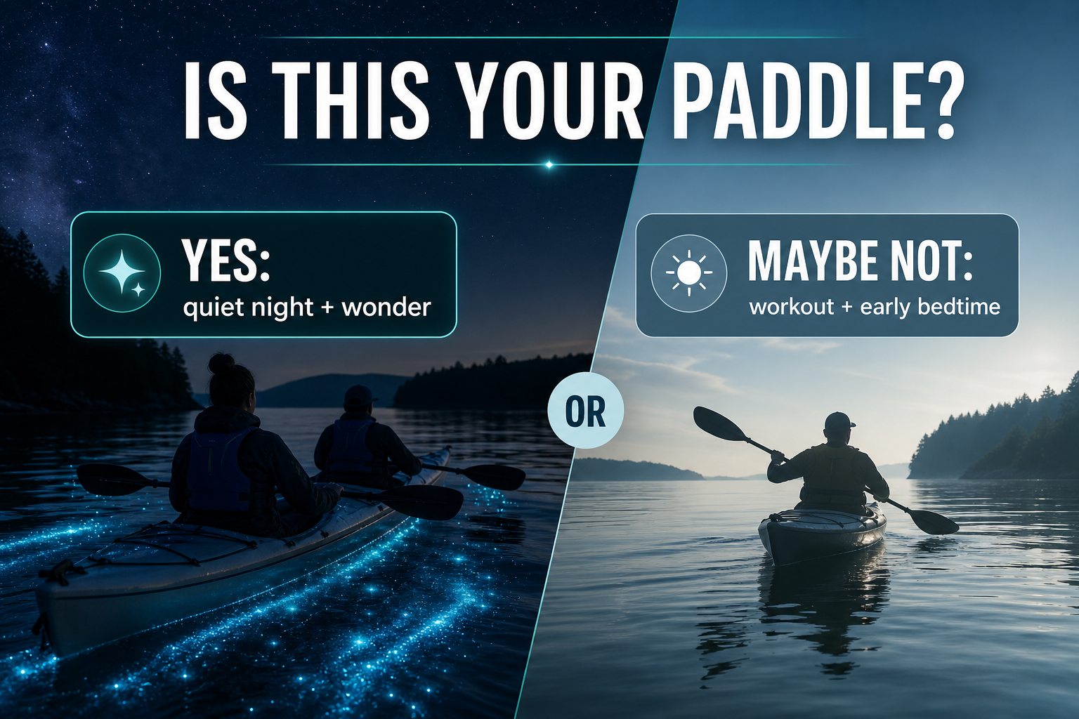 Whidbey bioluminescence kayak decision guide comparing quiet night wonder with daytime workout preferences