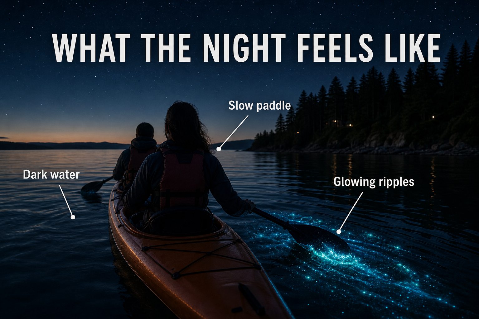 Whidbey Island bioluminescence kayak night explainer showing slow paddle, dark water, and glowing ripples