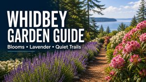 Editorial Whidbey Island garden guide hero with bloom walk, lavender, and quiet trail imagery
