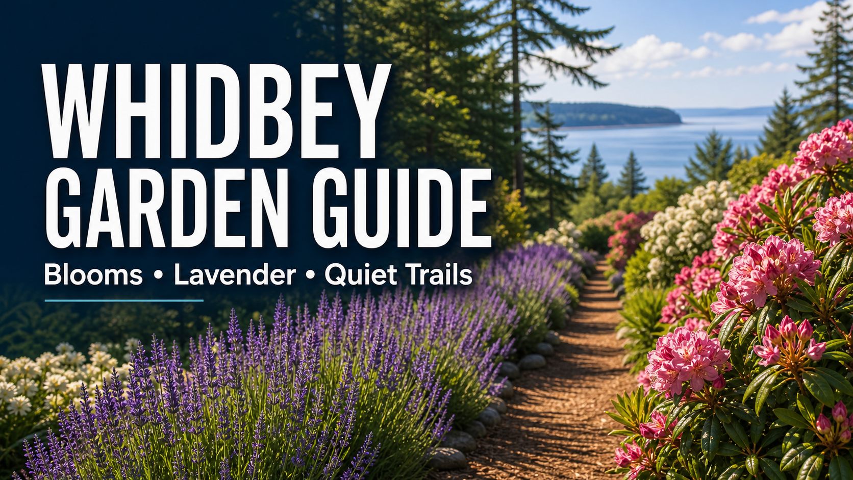 Editorial Whidbey Island garden guide hero with bloom walk, lavender, and quiet trail imagery