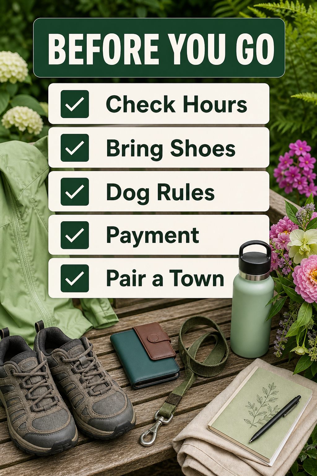 Whidbey Island garden day checklist with hours, shoes, dog rules, payment, and town pairing reminders