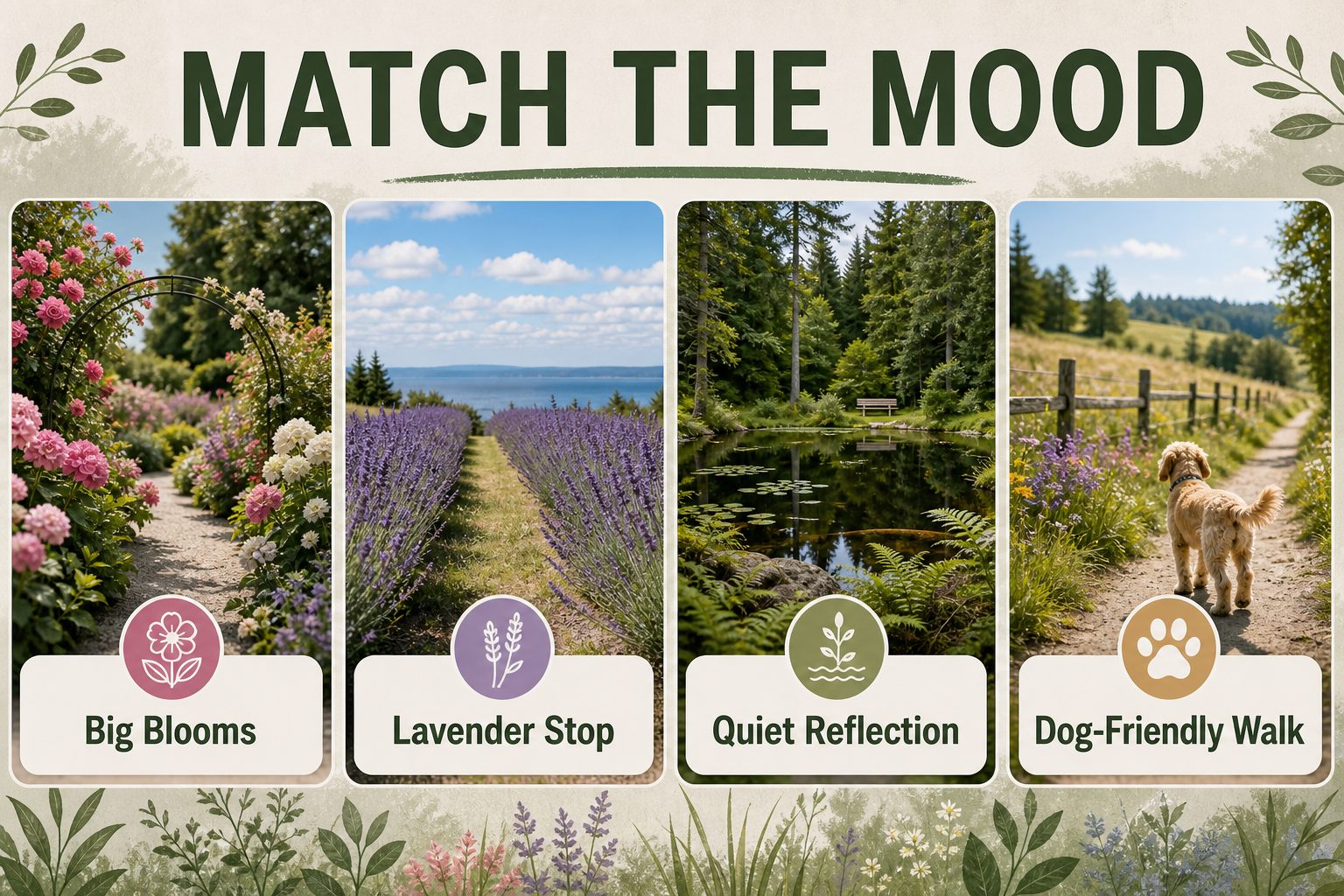Whidbey Island garden outing decision guide with big blooms, lavender, quiet reflection, and dog-friendly walk options