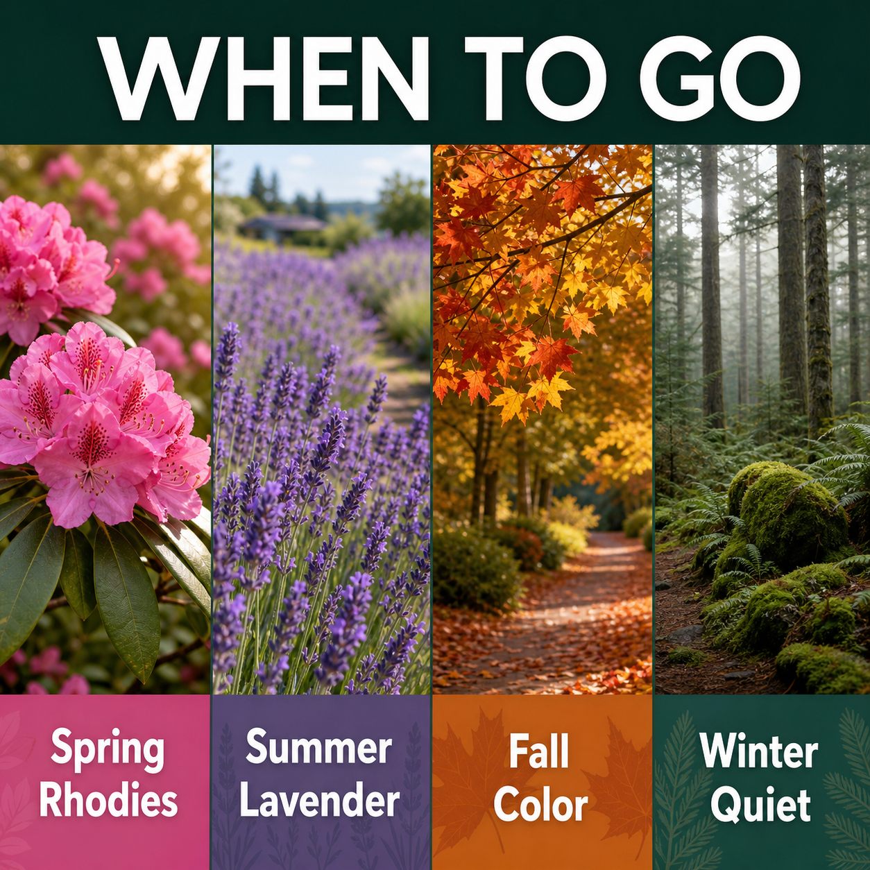 Whidbey Island garden season guide with spring rhodies, summer lavender, fall color, and winter quiet