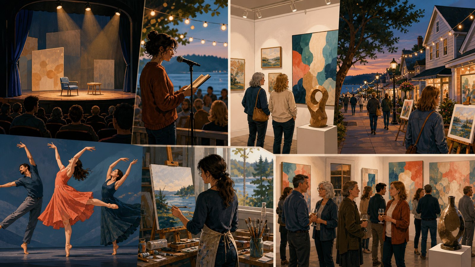 Illustrated Whidbey arts scene with a small theater stage, dancers, poetry mic, gallery art, sculpture, and warm island evening light.