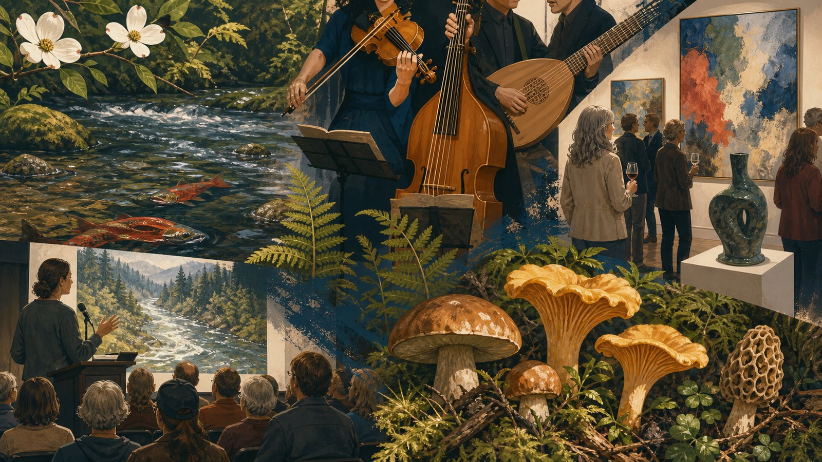 Illustrated Whidbey community learning collage with salmon stream ecology, early music instruments, mushrooms, gallery textures, and lecture-room cues.