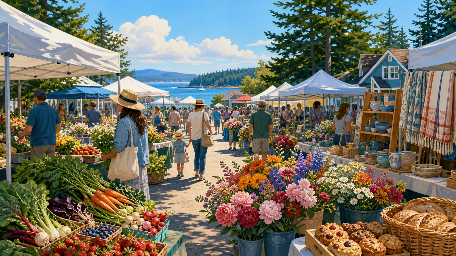 Illustrated Whidbey farmers market scene with produce, flowers, handmade goods, market tents, families, and coastal summer atmosphere.