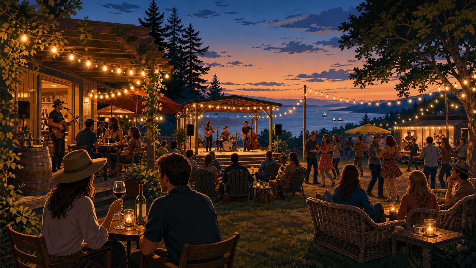 Illustrated Whidbey evening music scene with a small stage, string lights, winery patio, restaurant lounge glow, and community dancing.