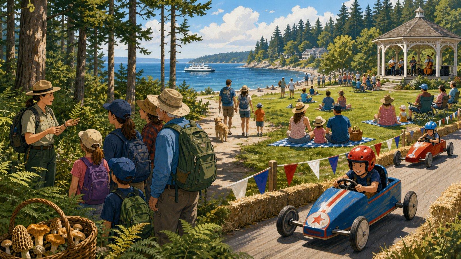Illustrated Whidbey outdoor and family events scene with trails, beach views, families, guided nature activity, picnic details, and summer park energy.