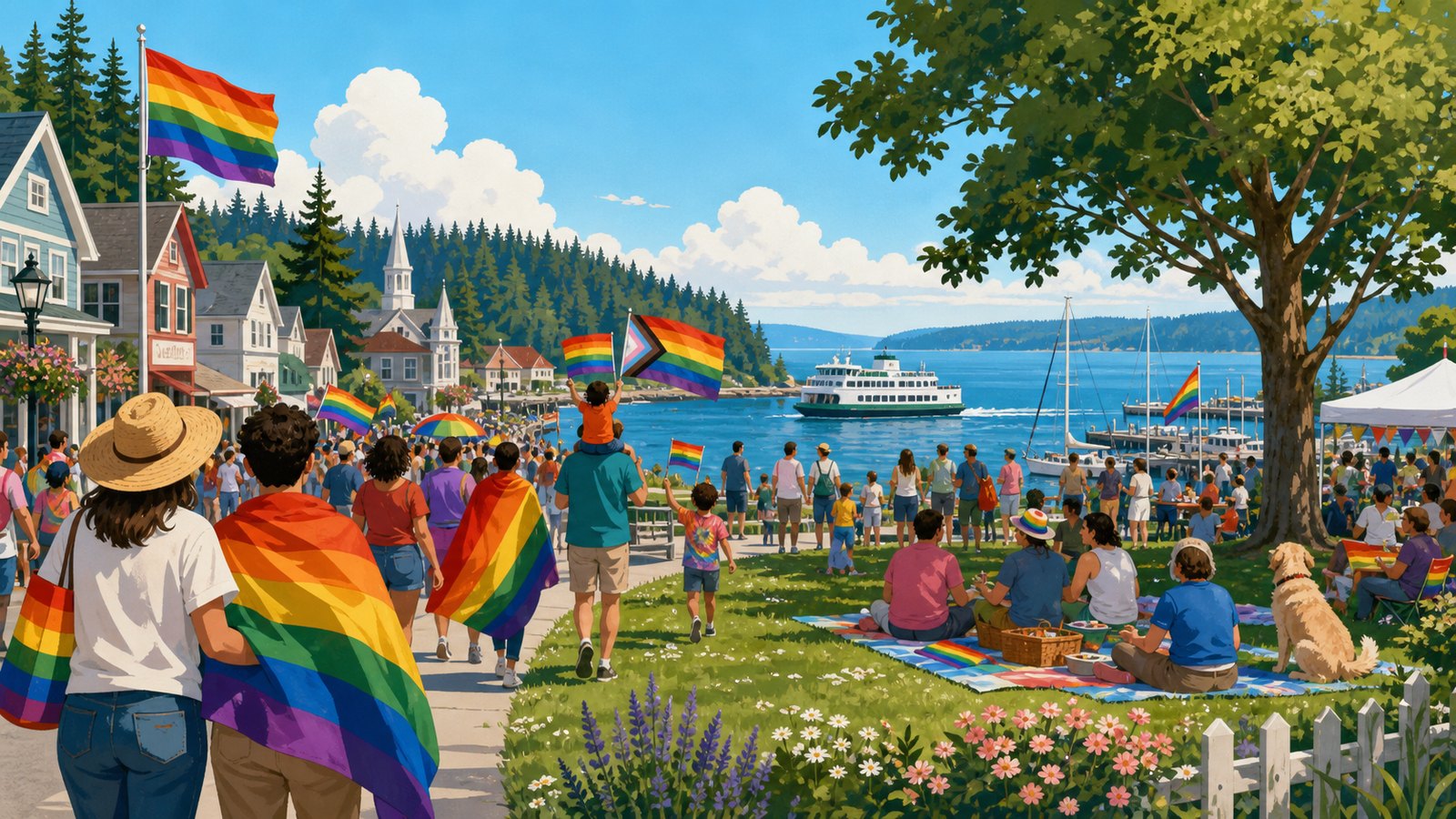 Illustrated Whidbey Pride and community gathering with rainbow accents, small-town waterfront setting, families, neighbors, and summer light.