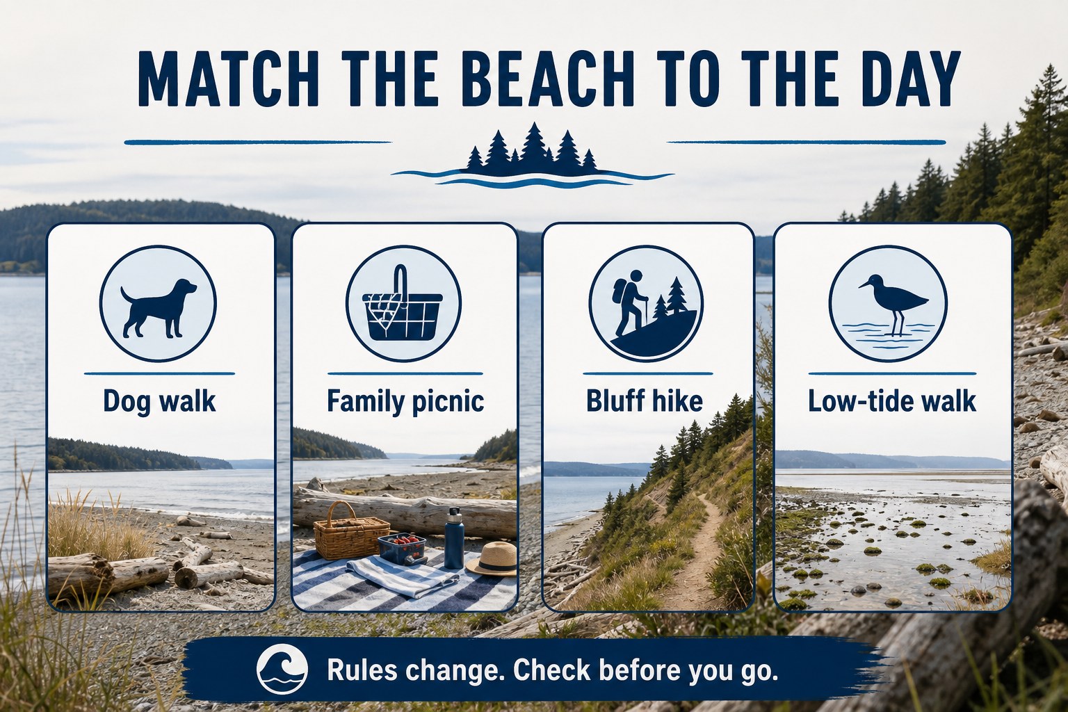 Match the beach to the day graphic showing dog walk, family picnic, bluff hike, and low-tide walk options