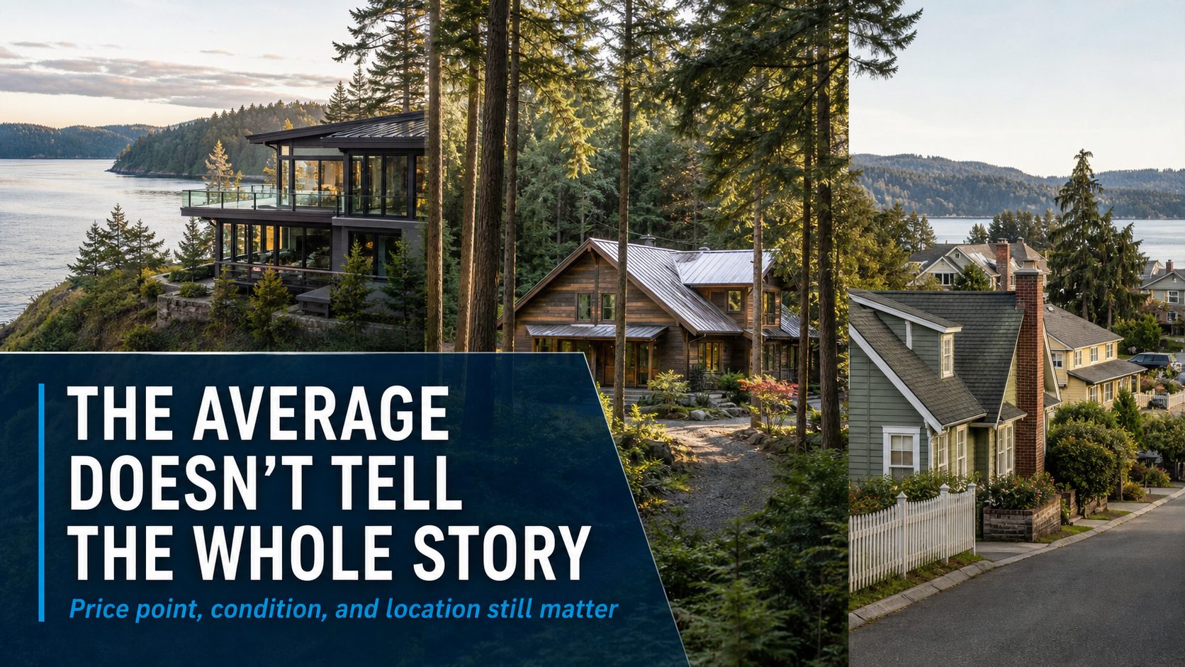 Whidbey Island waterfront, wooded, and neighborhood homes with overlay text saying the average doesn't tell the whole story.