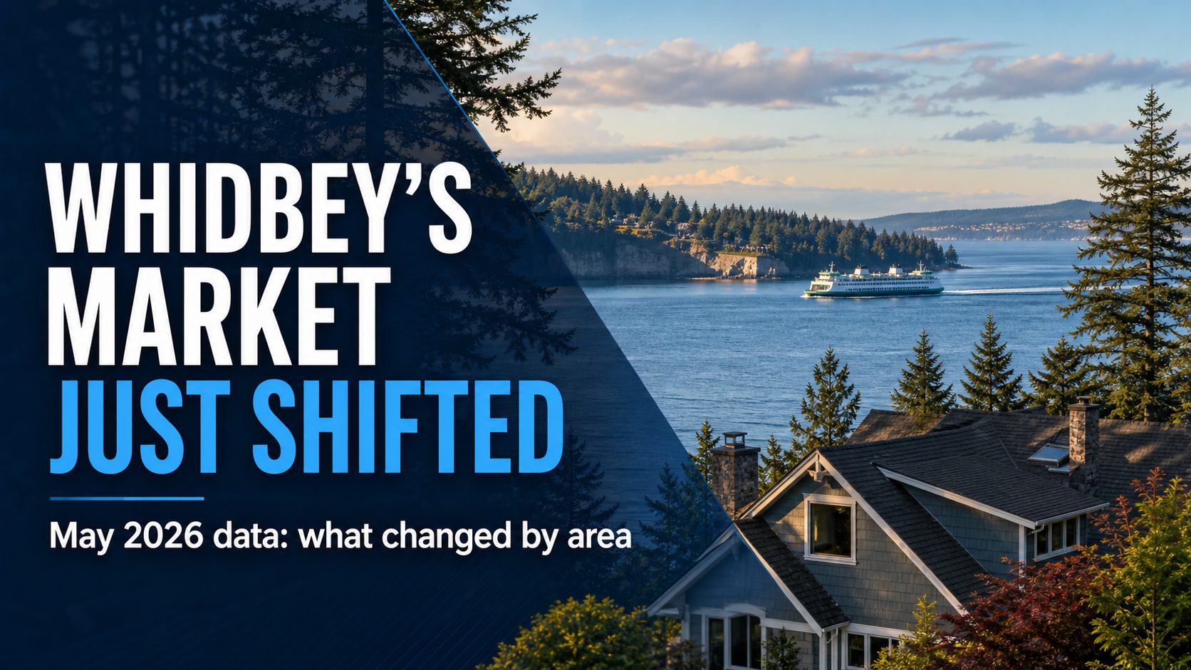 Whidbey Island real estate market report thumbnail with coastal homes, water, and overlay text saying Whidbey's market just shifted.
