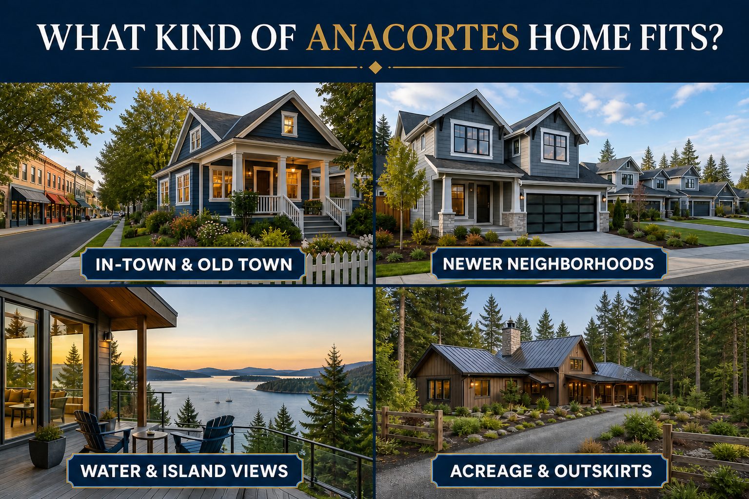 Four representative Anacortes home settings: in-town and Old Town, newer neighborhoods, water and island views, and acreage