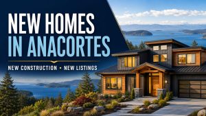 New home in Anacortes overlooking coastal water, forested islands and distant mountains