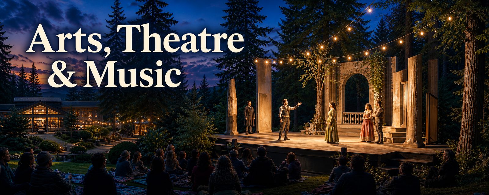 Outdoor theatre performance under trees on Whidbey Island with audience and stage lights.