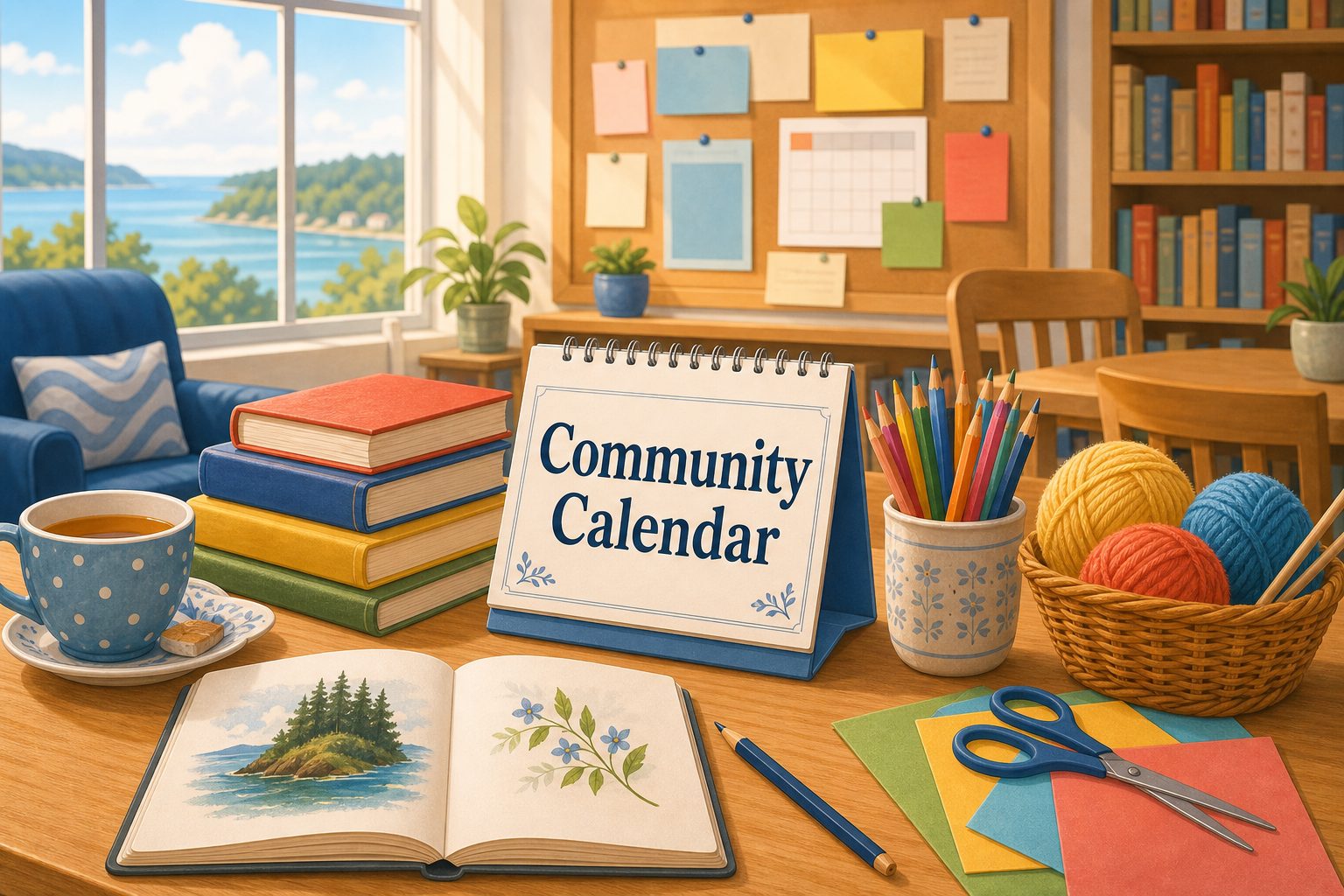 Cozy Whidbey community library table with books, calendar, craft supplies, yarn, and island water view.