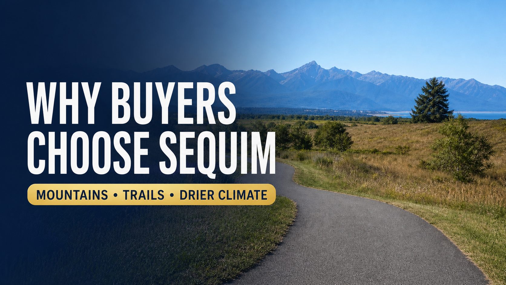 Trail through the Sequim-Dungeness Valley with open fields and the Olympic Mountains beyond