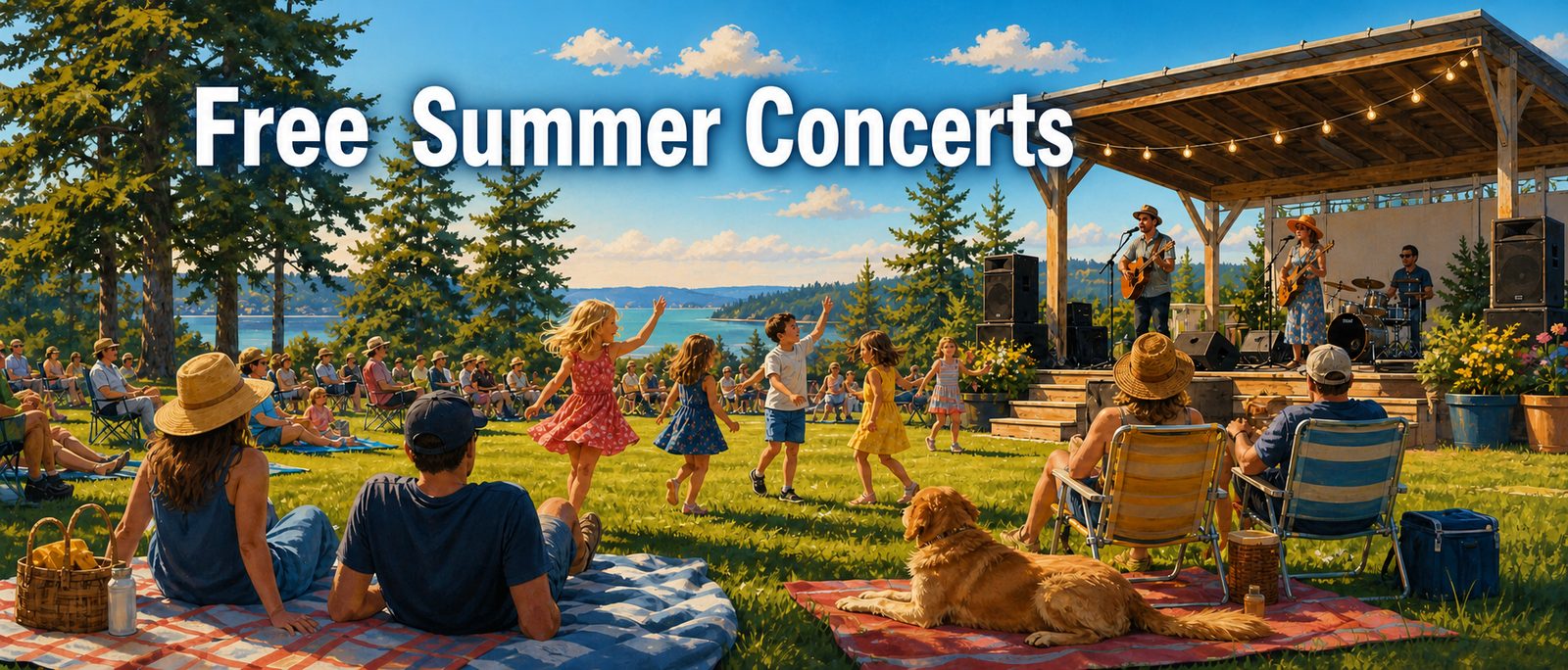 Outdoor Whidbey Island summer concert with park audience, musicians, trees, and water view.