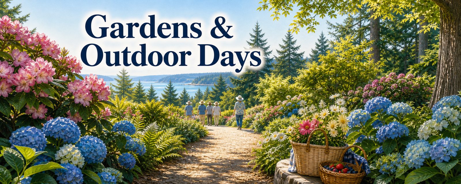 Whidbey Island garden path with rhododendrons, hydrangeas, evergreens, walkers, and water view.