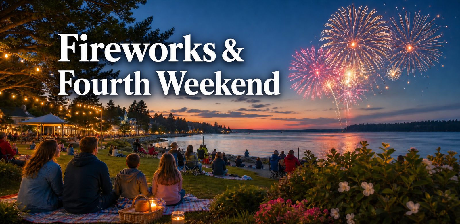 Whidbey Island waterfront fireworks scene for Fourth of July weekend events.