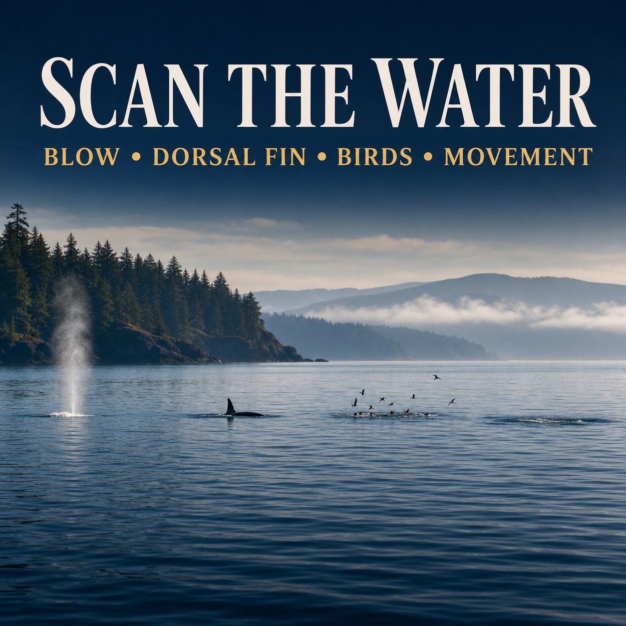 Illustrated guide to scanning for a whale blow, dorsal fin, birds, and movement from shore