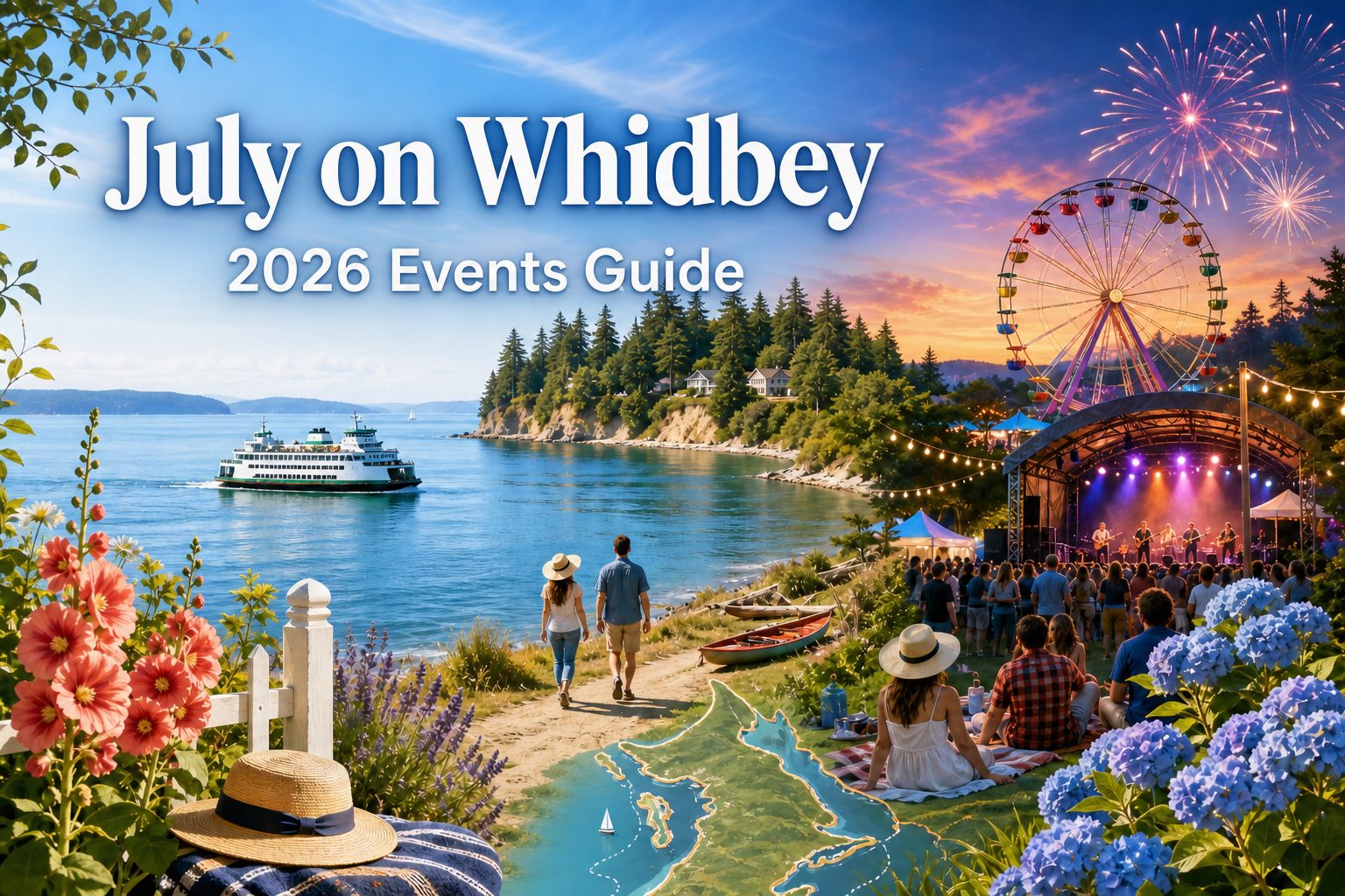 July on Whidbey 2026 events guide hero showing ferry, fireworks, flowers, concert stage, and county fair.