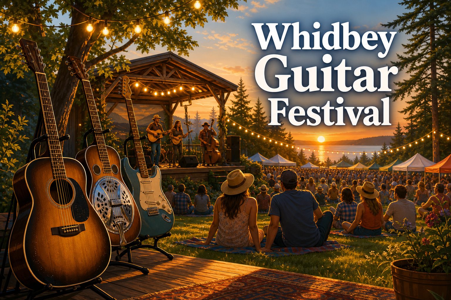 Whidbey Island guitar festival scene with guitars, outdoor stage, sunset, tents, and summer crowd.