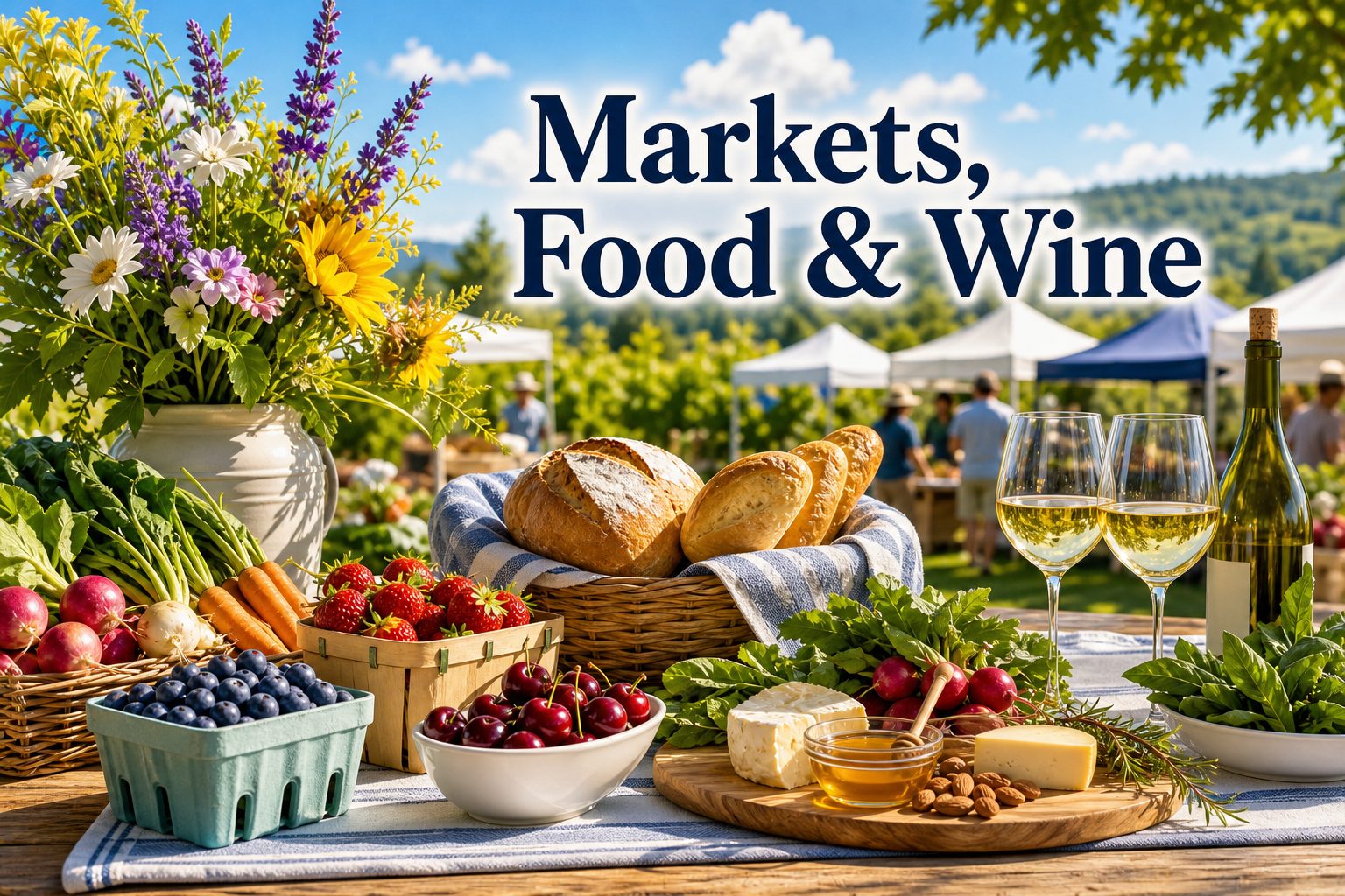 Whidbey Island farmers market table with berries, bread, flowers, cheese, wine glasses, and sunny market tents.