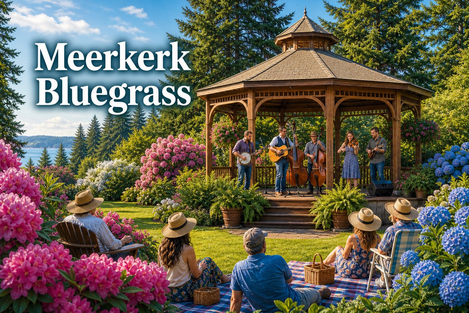 Bluegrass musicians playing in a garden gazebo at Meerkerk-style gardens with flowers and picnic audience.