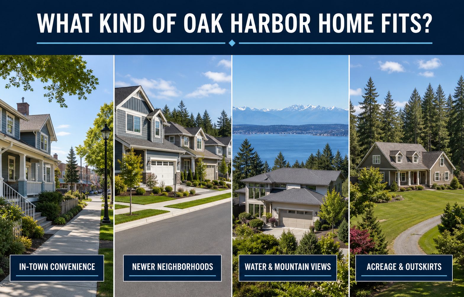 Four representative Oak Harbor home settings: in-town convenience, newer neighborhoods, water and mountain views, and acreage