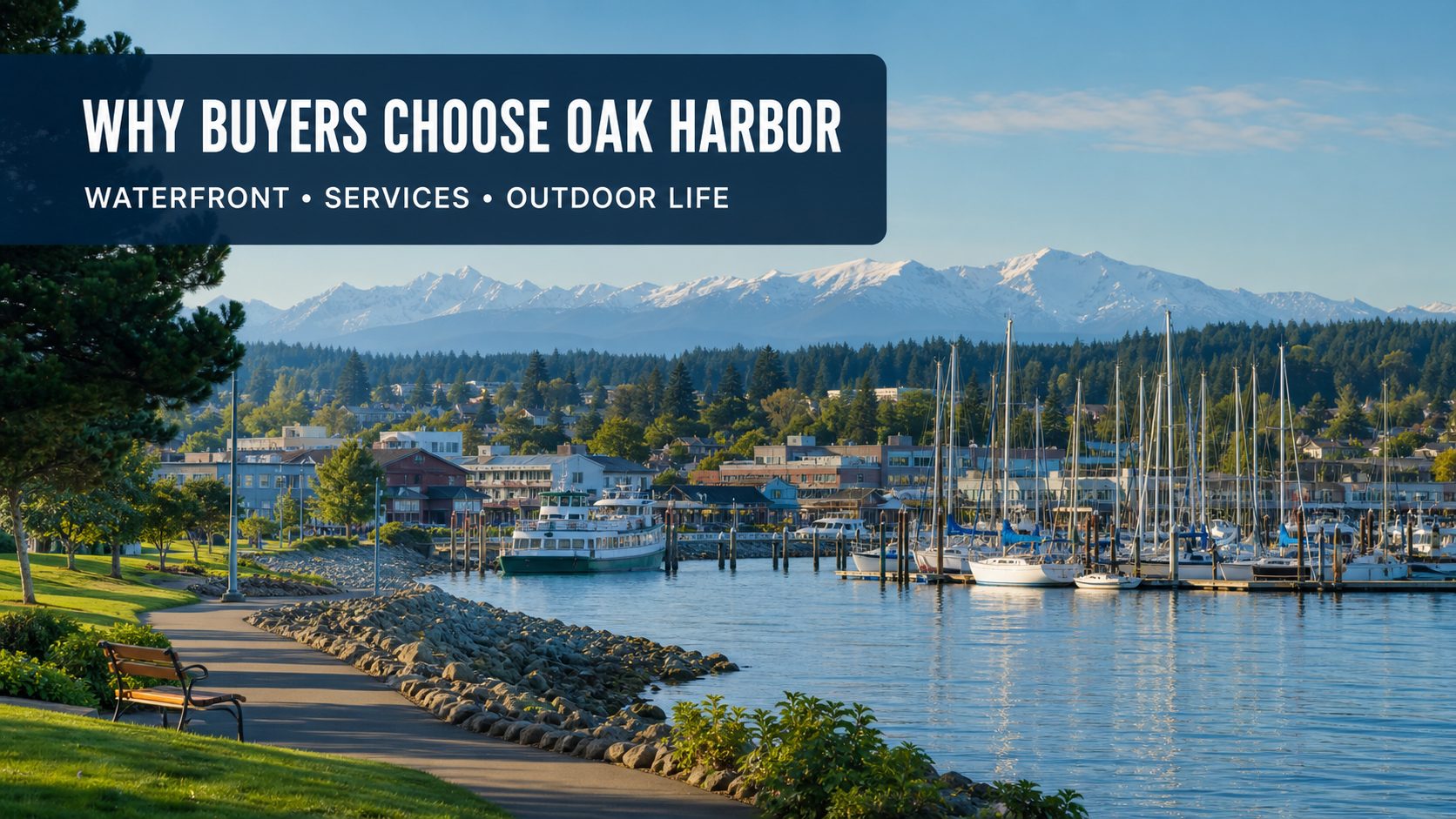 Oak Harbor waterfront trail and marina with sailboats and distant mountains