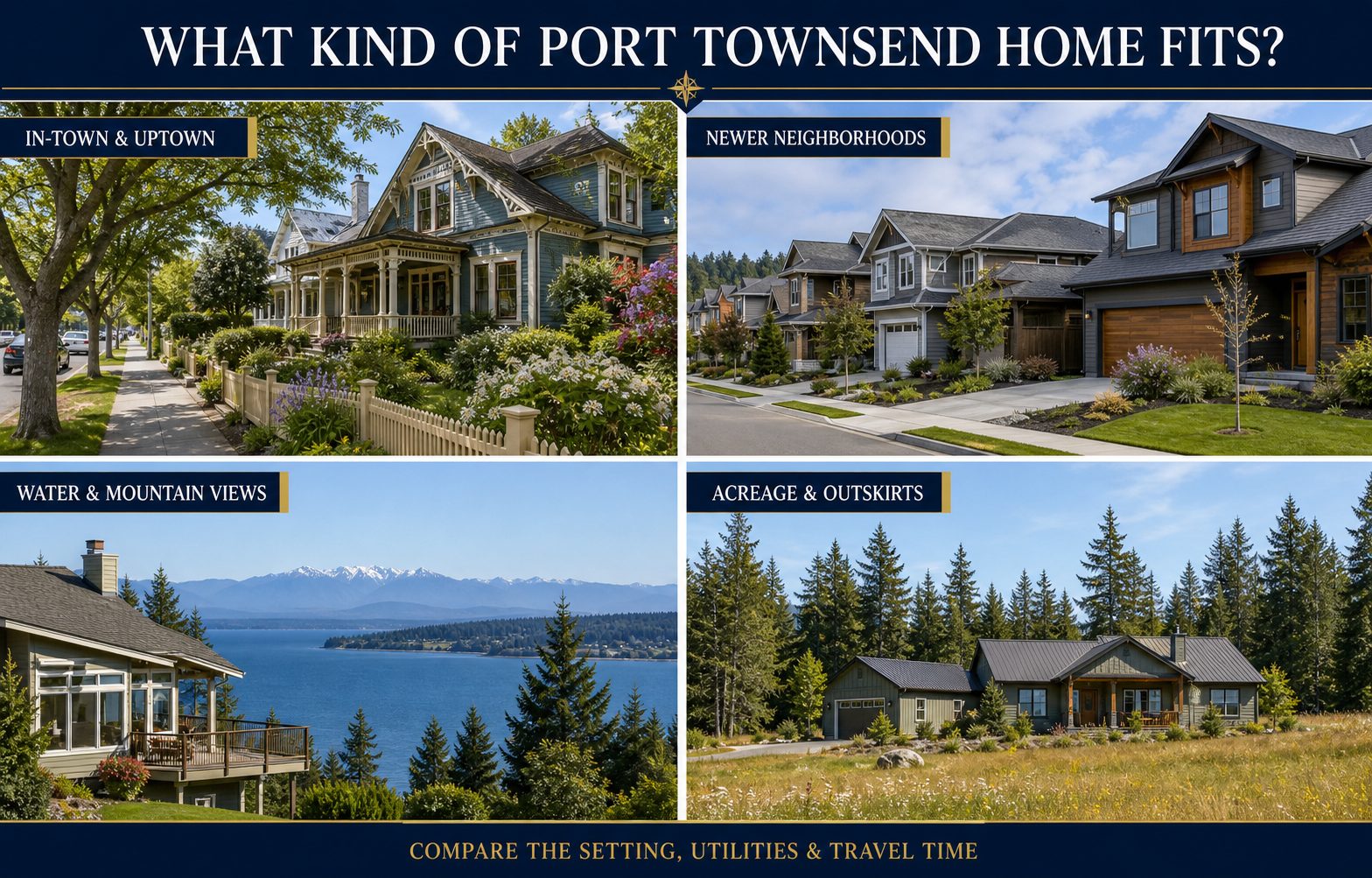 Four representative Port Townsend home settings: in-town and Uptown, newer neighborhoods, water and mountain views, and acreage
