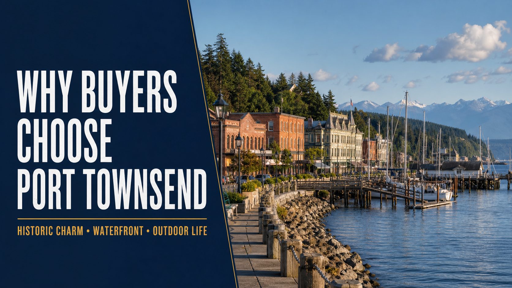 Port Townsend waterfront with historic buildings, sailboats and distant mountains