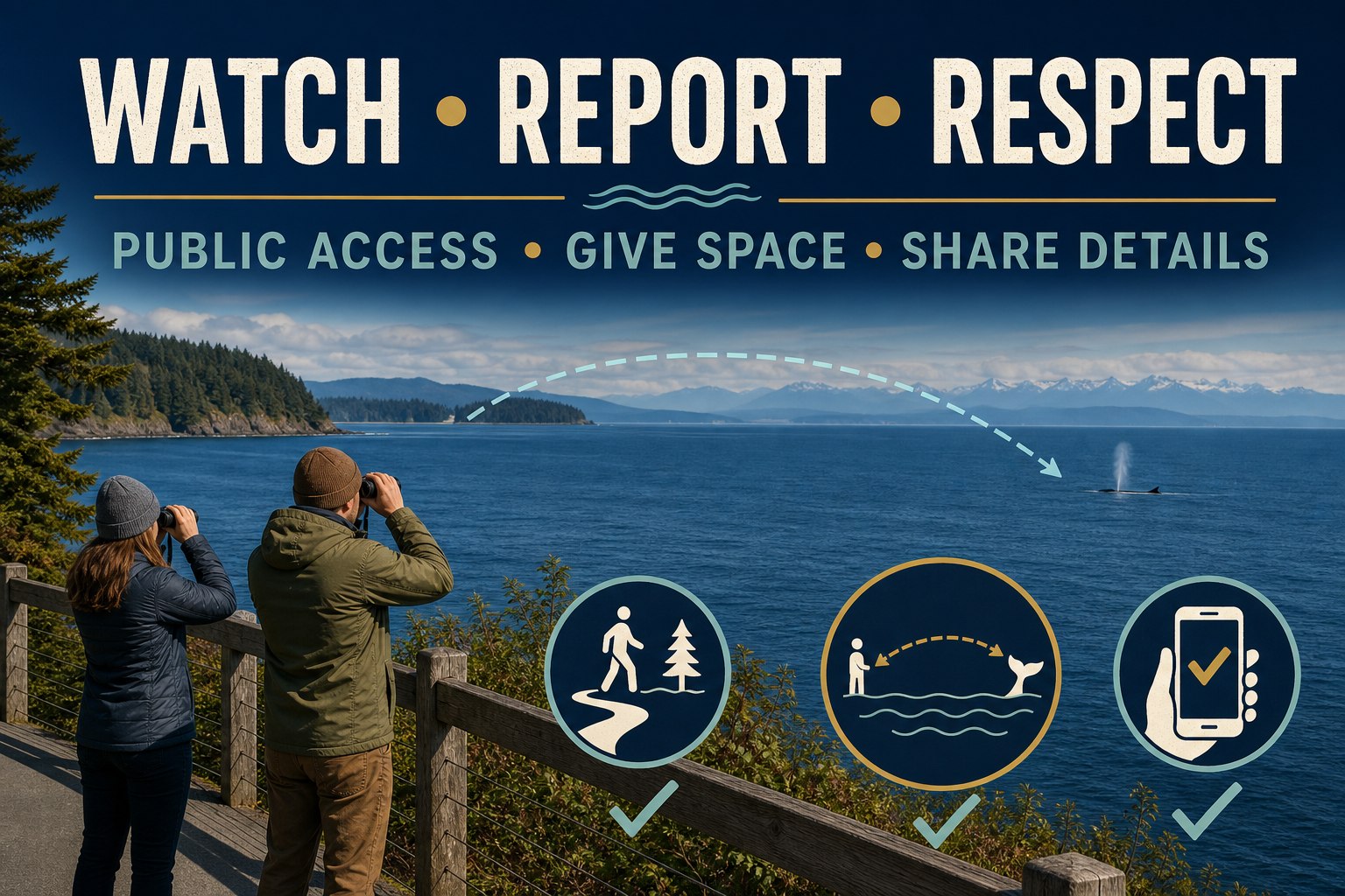 Responsible Whidbey whale watching checklist emphasizing public access, space, and useful sighting reports