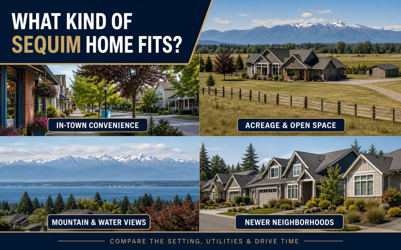 Four representative Sequim home settings: in-town, acreage, mountain and water views, and newer neighborhoods