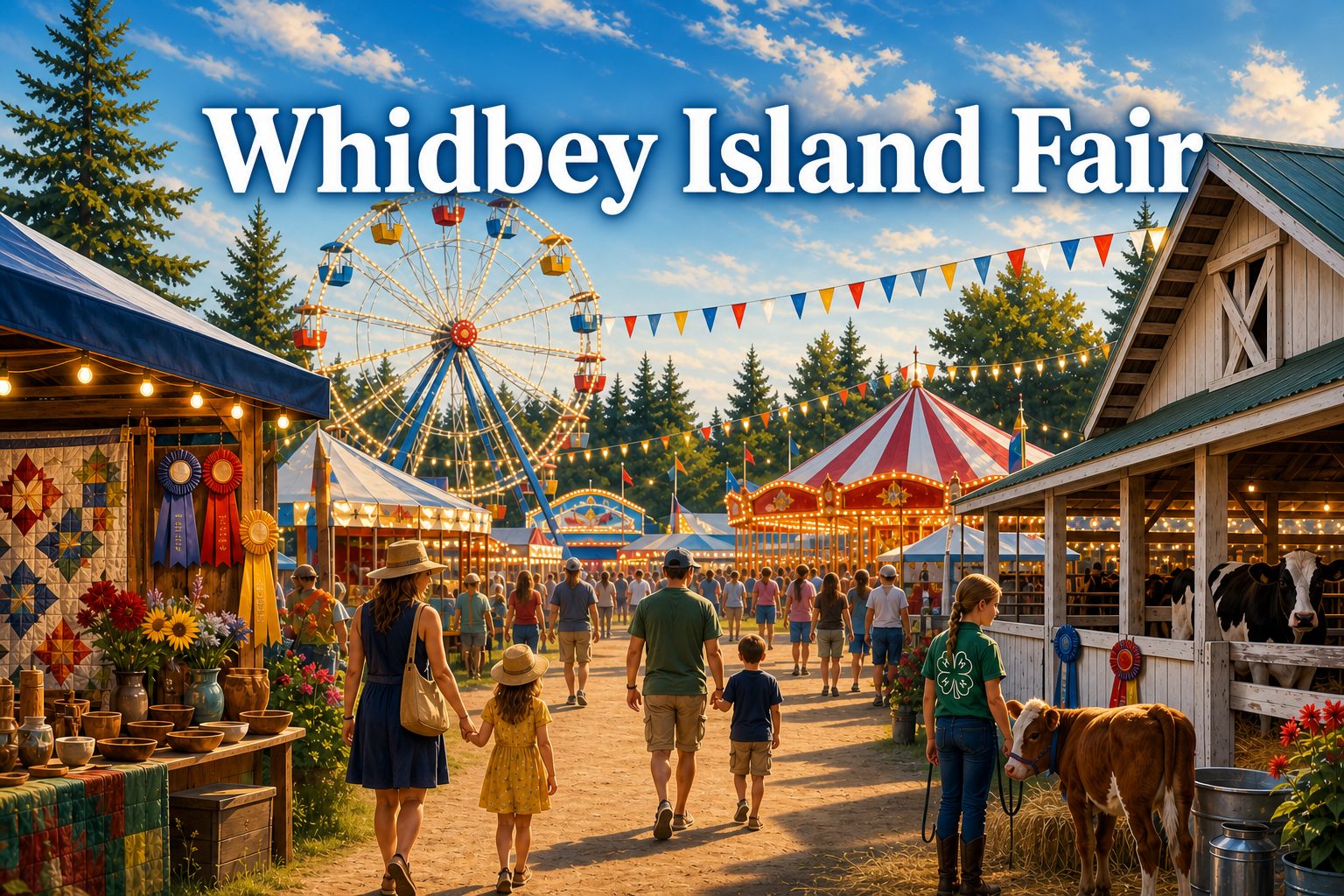 Whidbey Island Fair scene with ferris wheel, fair booths, livestock barn, ribbons, and families.