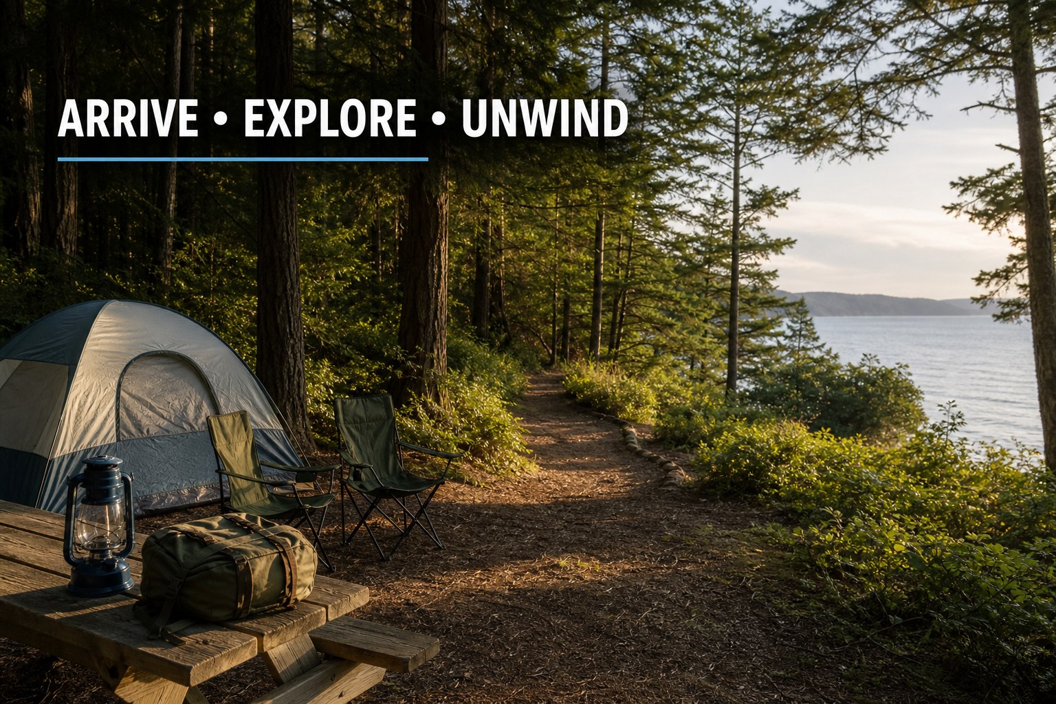 Editorial campsite scene with a tent, chairs, lantern, and forest trail beside calm water, labeled “Arrive, Explore, Unwind.”