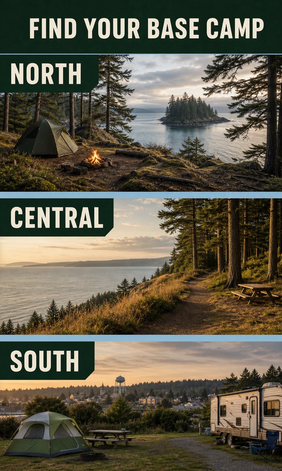 Three-panel editorial comparison graphic labeled North, Central, and South, showing different Whidbey camping base-camp settings.