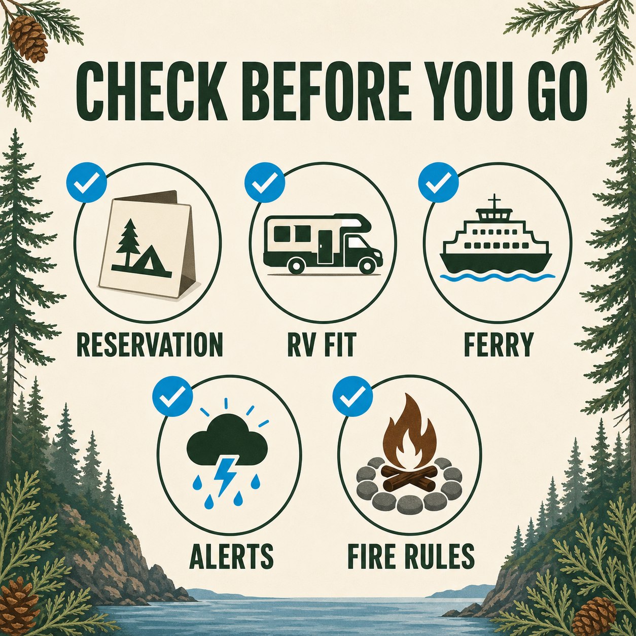 Camping planning checklist graphic labeled reservation, RV fit, ferry, alerts, and fire rules.