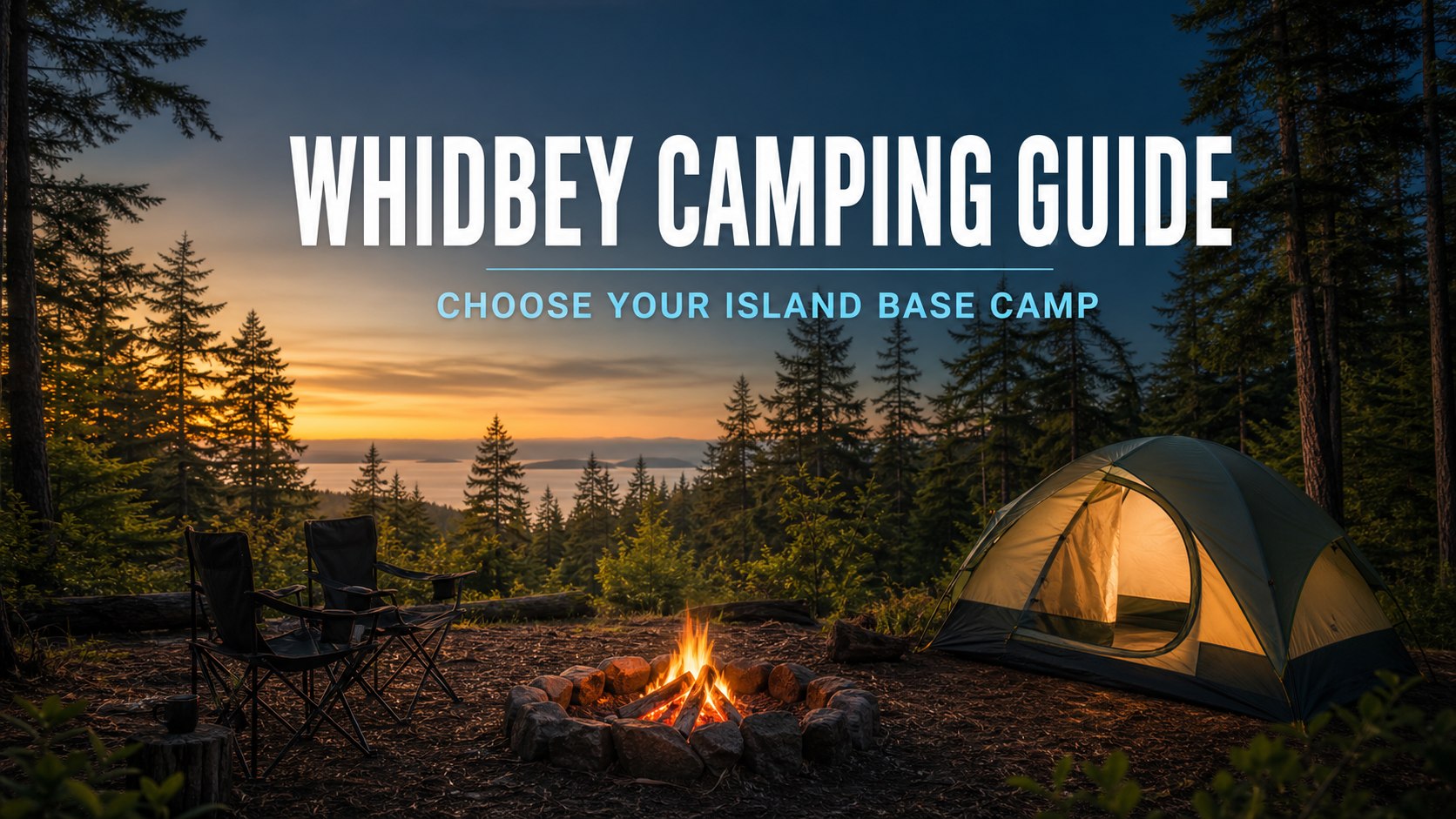 Editorial camping scene with a tent, campfire, and forest overlooking water at sunset, with the text “Whidbey Camping Guide.”