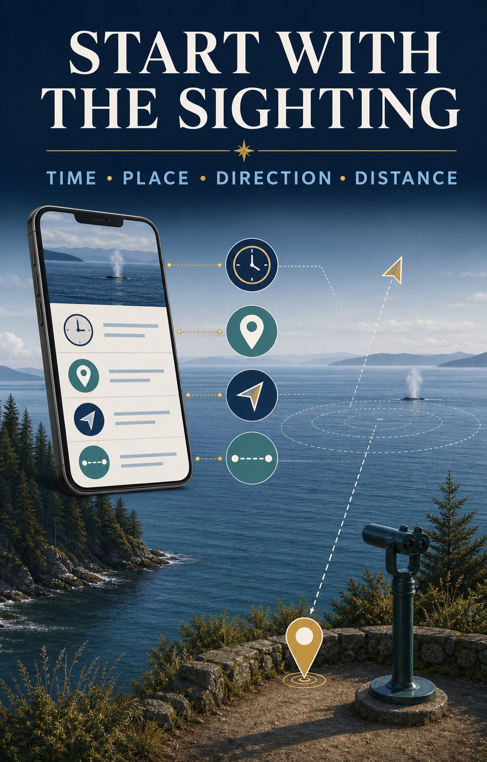 Whidbey shore whale sighting guide highlighting time, place, direction, and distance