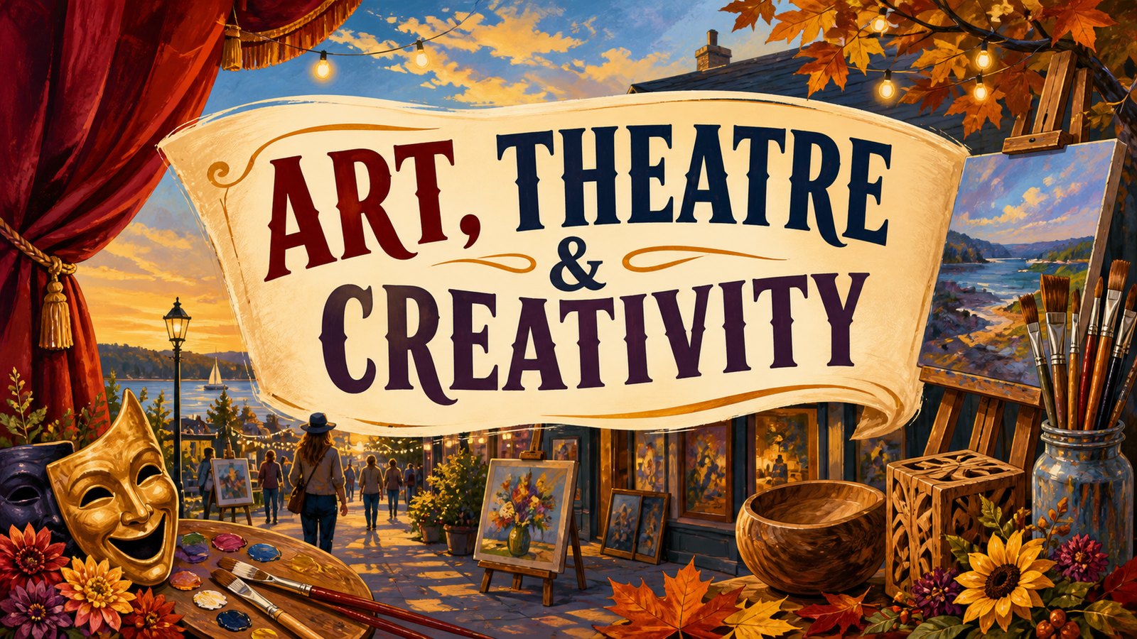 Illustrated September Whidbey Island art and theatre scene with gallery walk, easels, stage curtains, handmade art, and overlay text reading Art, Theatre & Creativity.