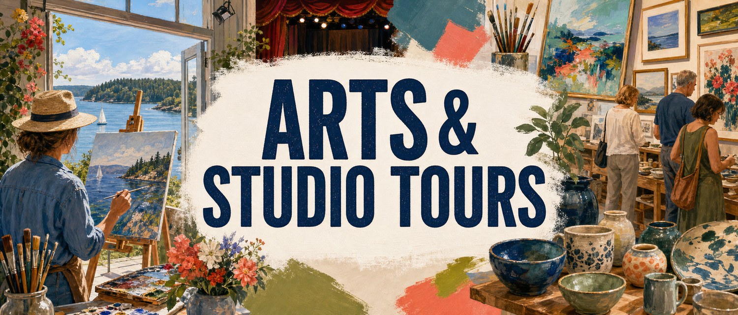 Whidbey Island arts and studio tours illustration with painters, pottery, gallery visitors, and overlay text reading Arts & Studio Tours.