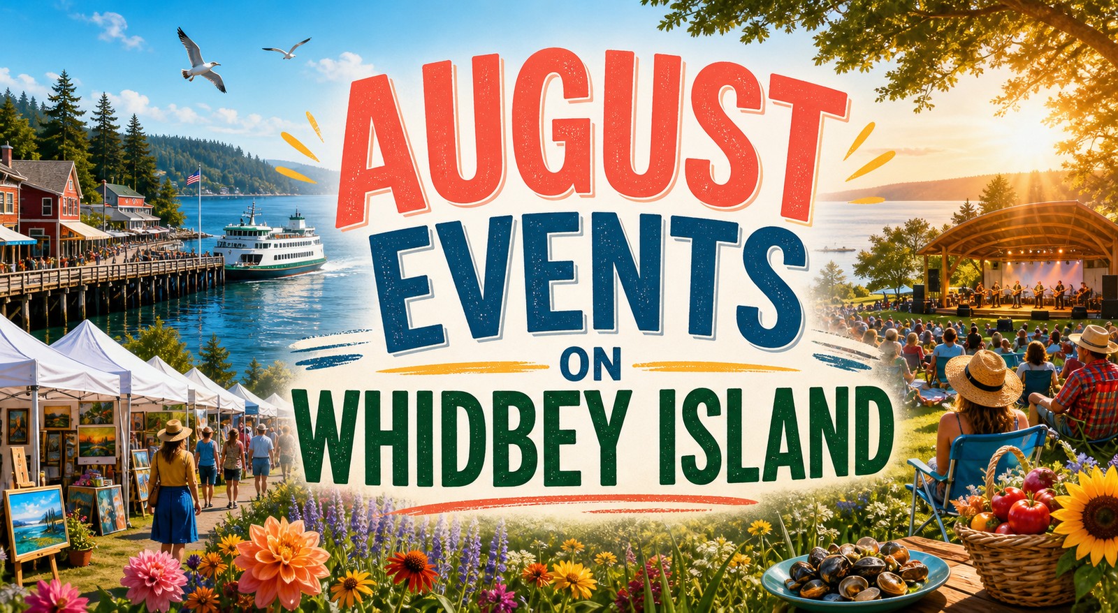 Colorful Whidbey Island August events guide illustration with waterfront, art booths, flowers, outdoor music, and overlay text reading August Events on Whidbey Island.
