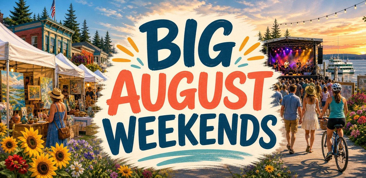 Whidbey Island festival weekend illustration with art tents, live music, cyclists, waterfront scenery, and overlay text reading Big August Weekends.