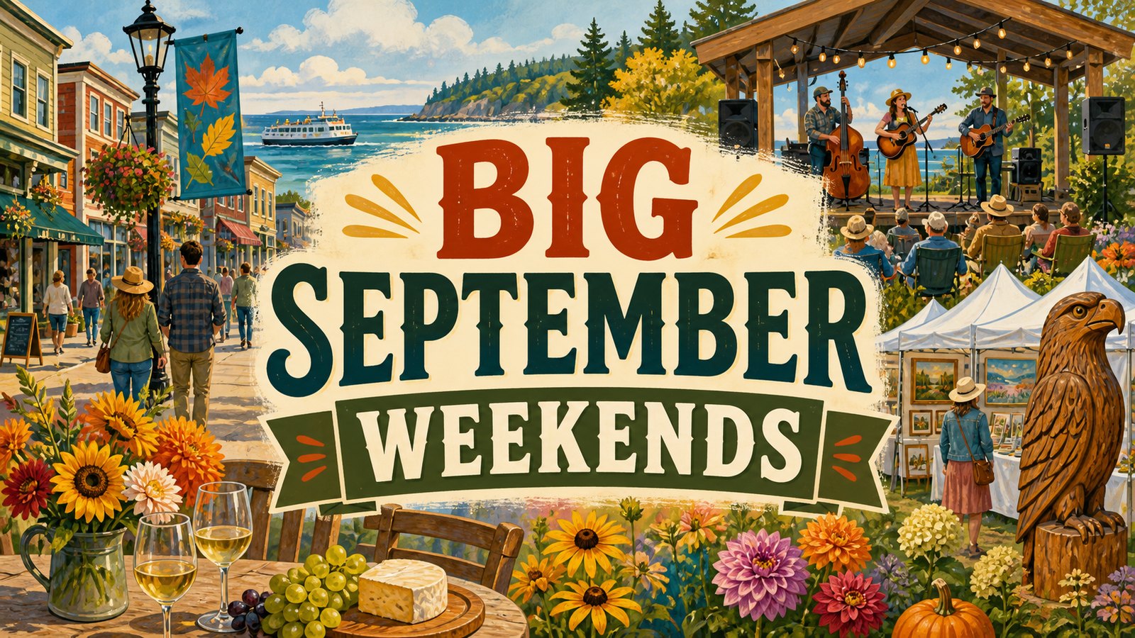 Illustrated Whidbey Island September weekend scene with outdoor music, art tents, town streets, vineyard details, flowers, and overlay text reading Big September Weekends.