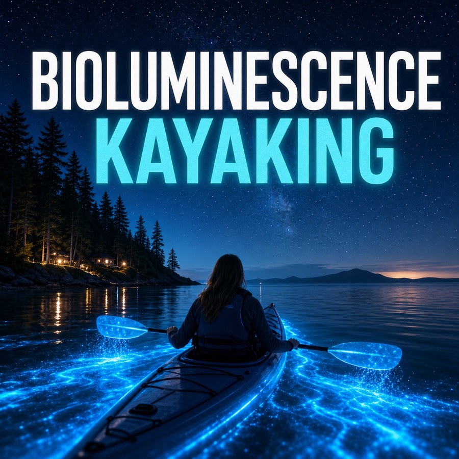 Nighttime Whidbey Island kayaking illustration with glowing blue bioluminescence on the water and overlay text reading Bioluminescence Kayaking.