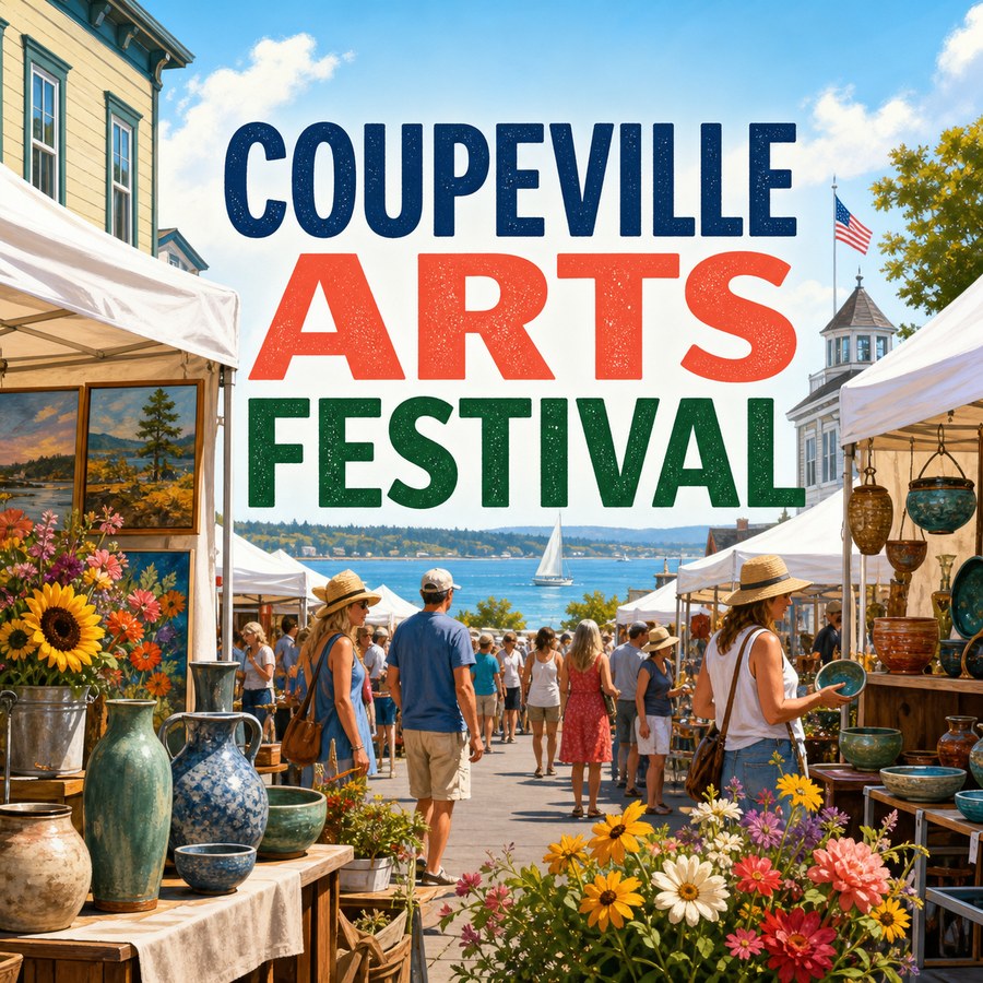 Coupeville arts festival illustration with waterfront art tents, pottery, flowers, visitors, and overlay text reading Coupeville Arts Festival.