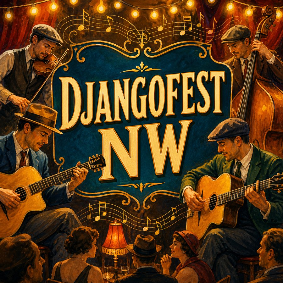 Illustrated DjangoFest NW concert poster with acoustic jazz musicians, warm stage lights, guitars, violin, upright bass, and overlay text reading DjangoFest NW.